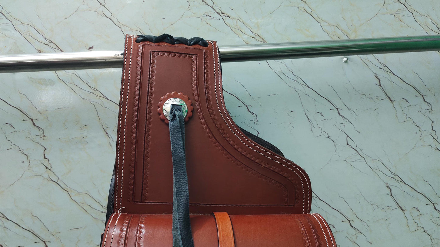 Tan Leather Western Saddle Bag – Border Stamp Concho Horse Trail Bag | Single Buckle Cowboy Riding Tack