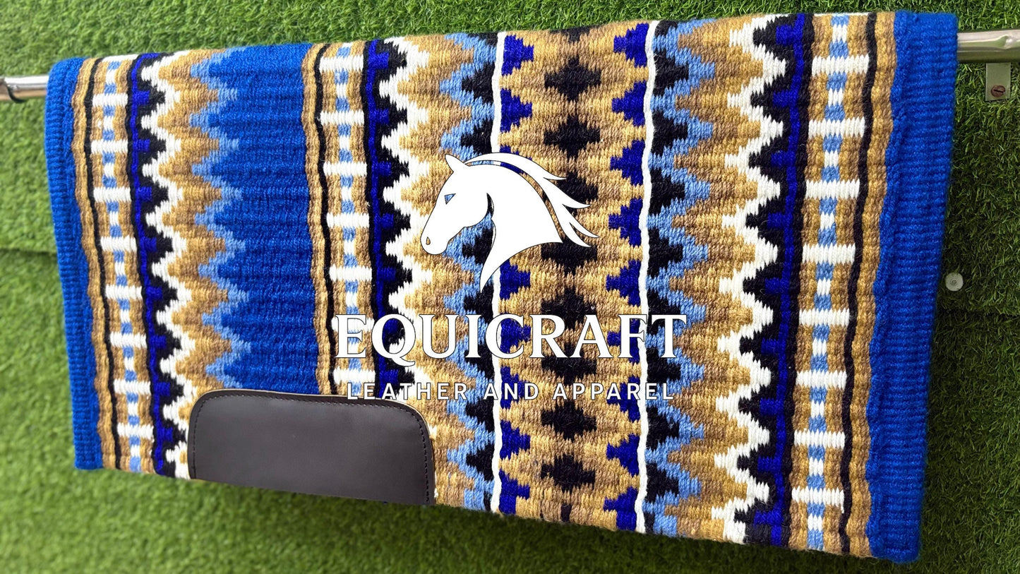Western Saddle Pad | Royal Blue Tan Gold Aztec Wool Horse Blanket | Show Saddle Pad | Trail Riding Pad | Reining Pad | Quarter Horse Pad