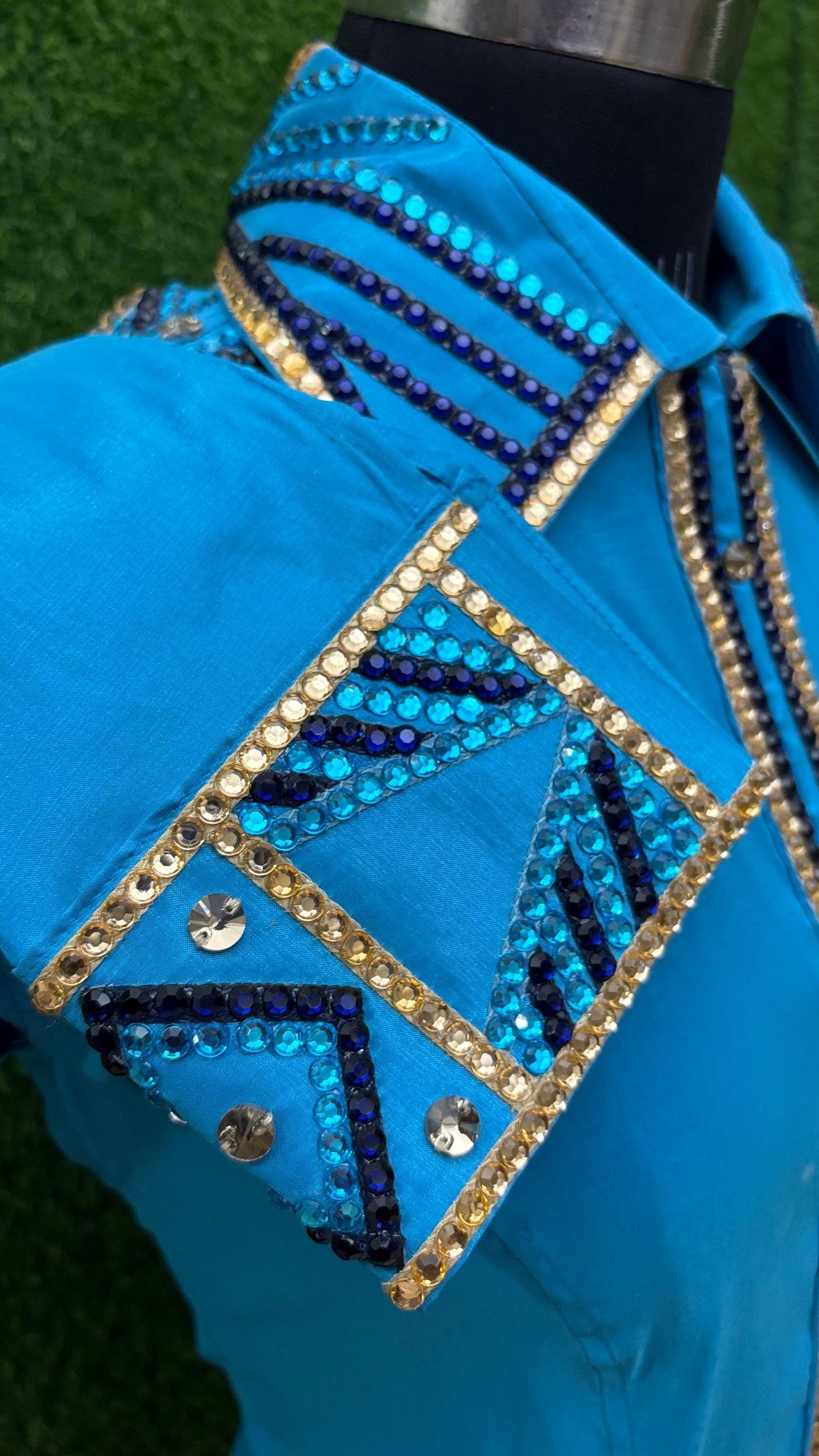 Womens Western Show Shirt | Turquoise Blue Gold Rhinestone Showmanship Shirt | Ladies Crystal Sleeve Rodeo Queen Blouse | Horse Show Shirt