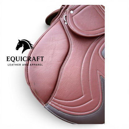 Brown Leather Close Contact Horse Saddle, English All Purpose Jumping Saddle with Iron Stirrups, 14 to 18 Inch Seat Sizes Available