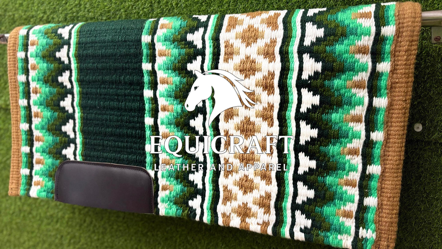 Green Tan Wool Western Saddle Pad – Diamond Show Pad | Horse Blanket Barrel Racing Rodeo Tack