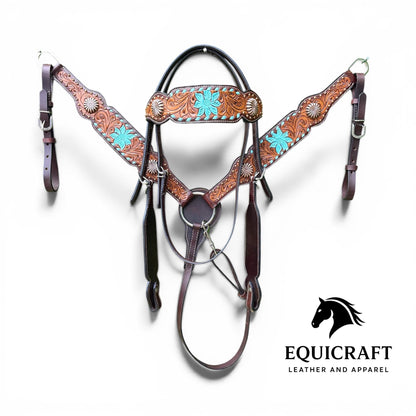 Turquoise Flower Tooled Leather Headstall & Breast Collar Set – Silver Concho Western Horse Tack | Barrel Racing Rodeo