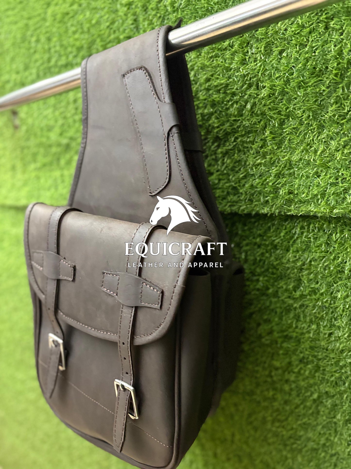 Dark Brown Crazy Horse Leather Saddle Bag – Double Buckle Western Trail Bag | Rustic Cowboy Riding Tack