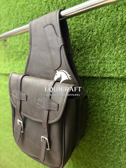 Dark Brown Crazy Horse Leather Saddle Bag – Double Buckle Western Trail Bag | Rustic Cowboy Riding Tack