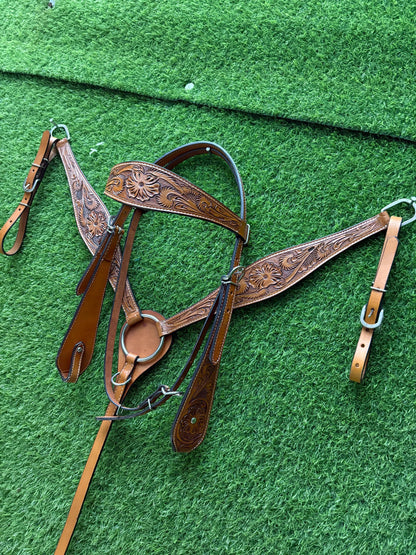 Tan Floral Tooled Leather Western Headstall & Breast Collar Set – Plain Silver Hardware Horse Tack | Barrel Racing Rodeo