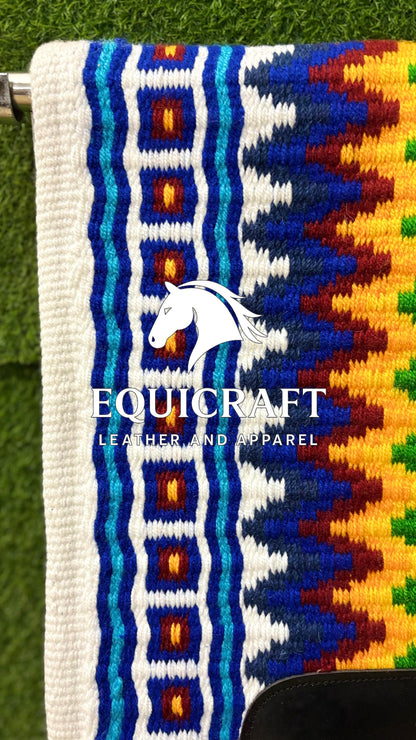 Western Show Saddle Pad | White Rainbow Multicolor Wool Blanket | Hand-Woven Southwestern Horse Saddle Pad | Colorful Show Pad