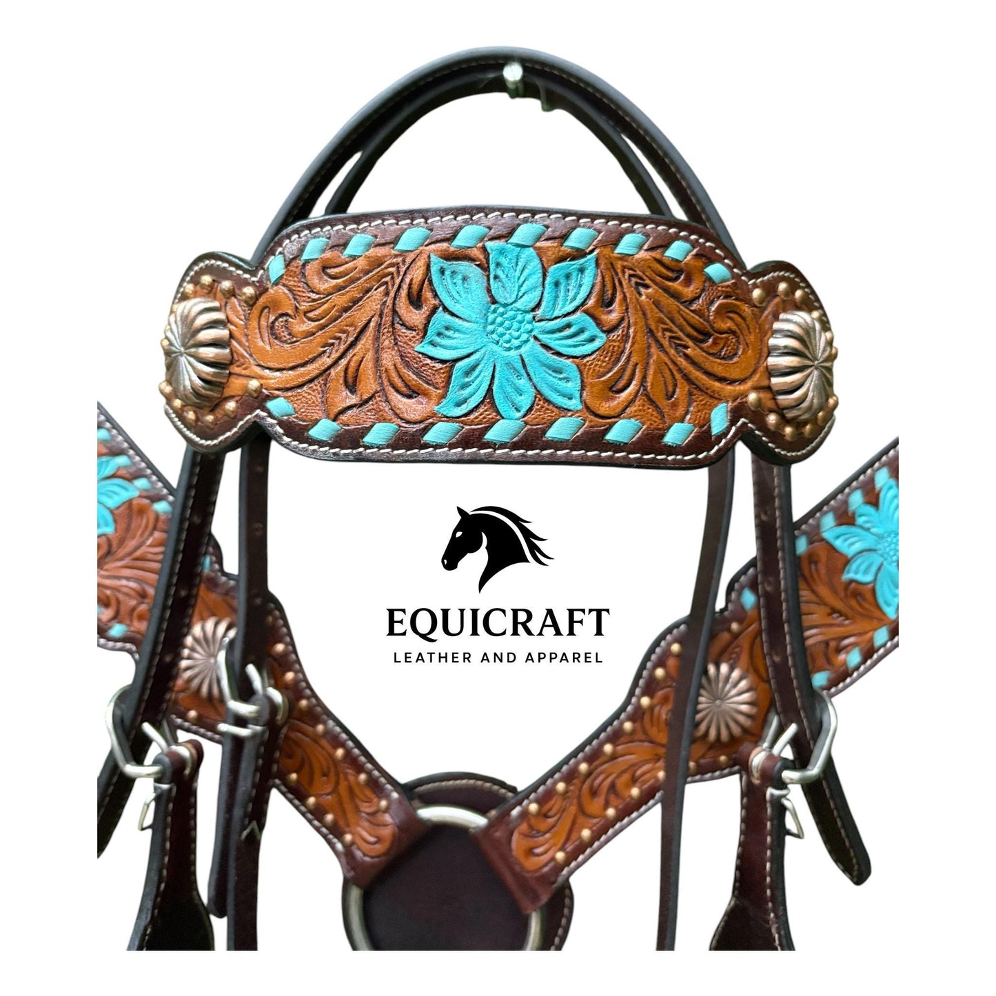 Turquoise Flower Tooled Leather Headstall & Breast Collar Set – Silver Concho Western Horse Tack | Barrel Racing Rodeo