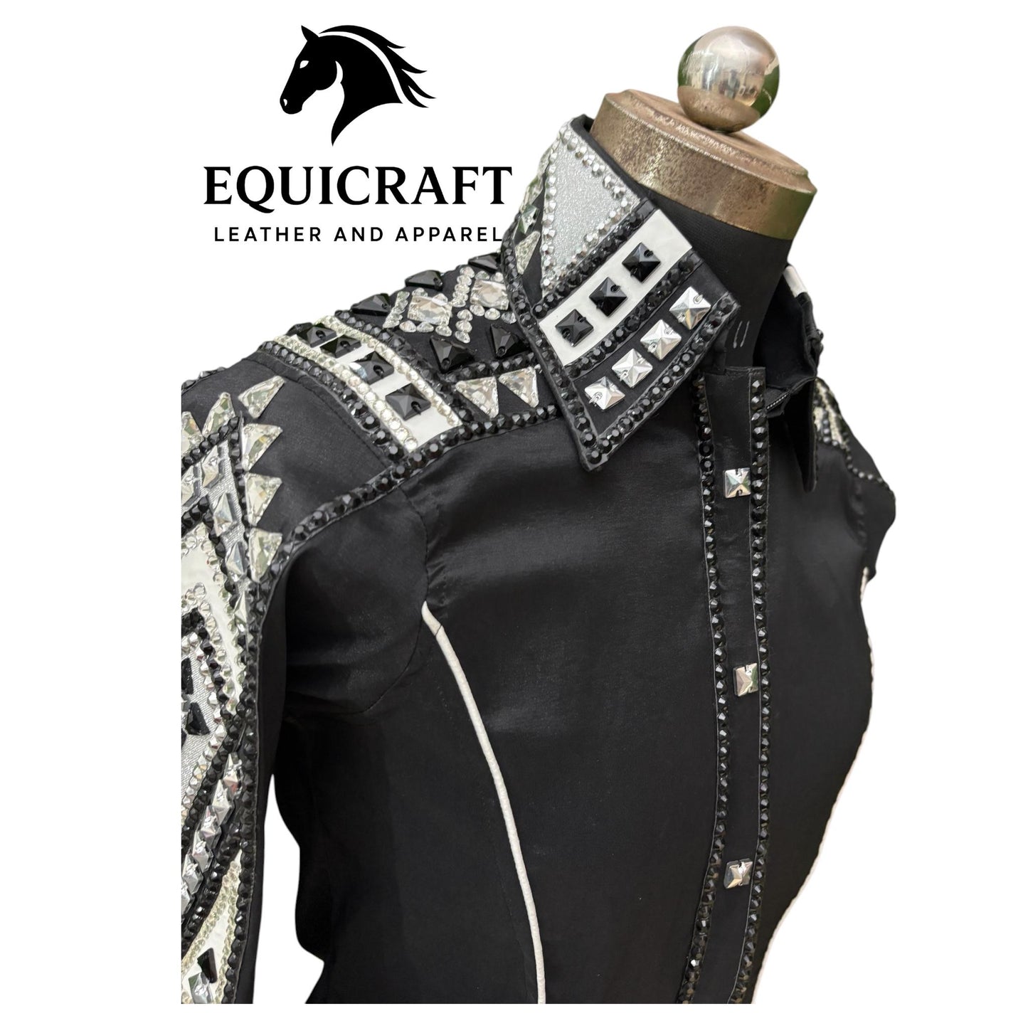 Black Crystal Western Show Shirt – Women's Rodeo Queen Equestrian Top | Rhinestone Showmanship Horsemanship Apparel