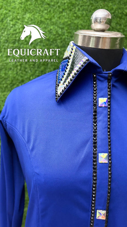 Womens Western Show Shirt | Royal Blue Black AB Crystal Rhinestone Showmanship Shirt | Ladies Rodeo Queen Blouse | Horse Show Shirt