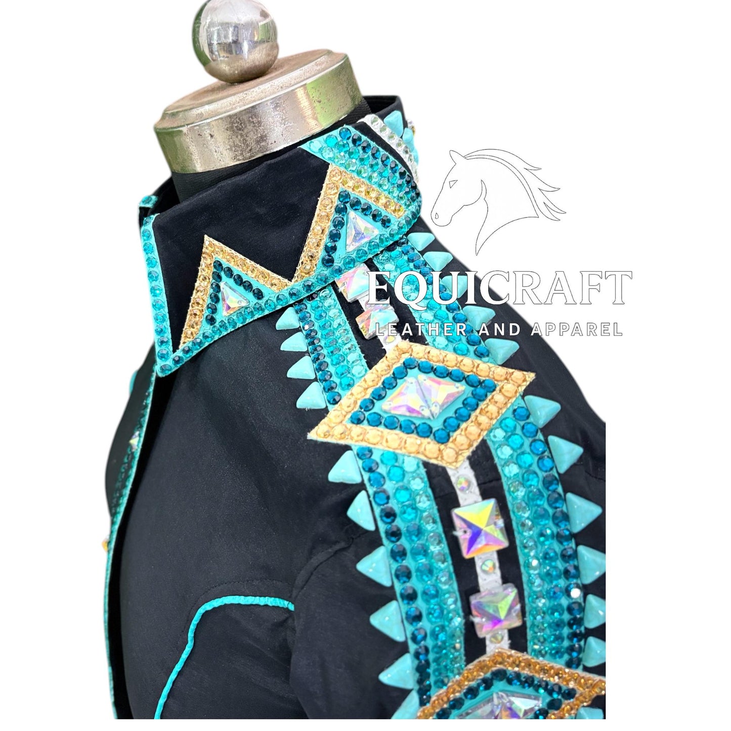 Womens Western Show Shirt | Black Turquoise Gold Rhinestone Showmanship Shirt | Ladies Crystal Yoke Rodeo Queen Blouse | Horse Show Shirt