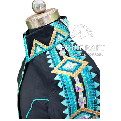 Womens Western Show Shirt | Black Turquoise Gold Rhinestone Showmanship Shirt | Ladies Crystal Yoke Rodeo Queen Blouse | Horse Show Shirt
