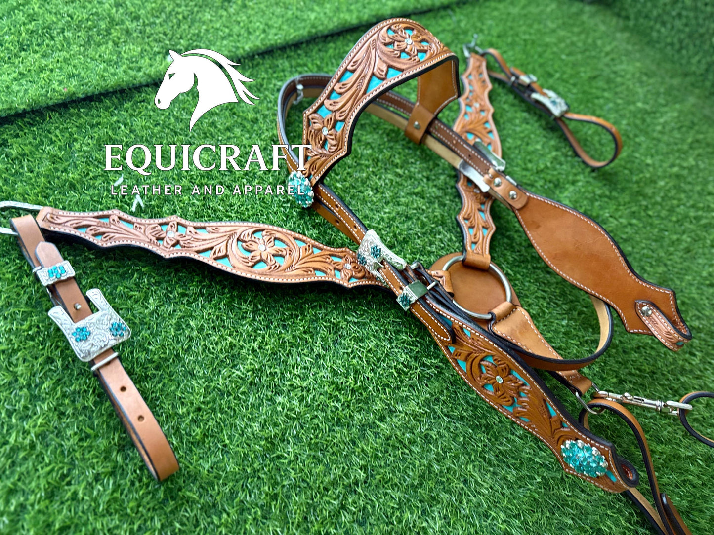 Hand Tooled Leather Headstall & Breast Collar Set – Turquoise Inlay Western Horse Tack | Floral Carved Rodeo Bridle
