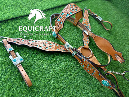 Hand Tooled Leather Headstall & Breast Collar Set – Turquoise Inlay Western Horse Tack | Floral Carved Rodeo Bridle