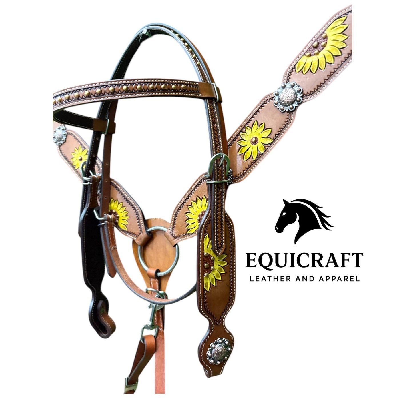 Sunflower Painted Leather Western Headstall & Breast Collar Set – Silver Concho Horse Tack | Barrel Racing Rodeo Gear
