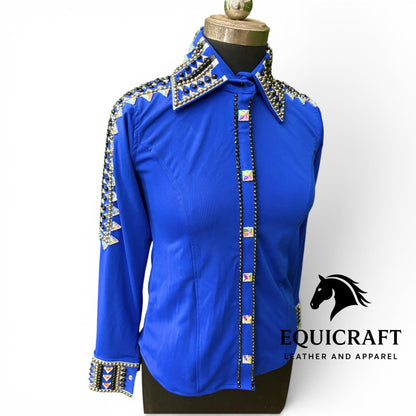 Royal Blue Western Show Shirt – AB Crystal Silver Stud Women's Rodeo Queen Top | Showmanship Horsemanship Equestrian