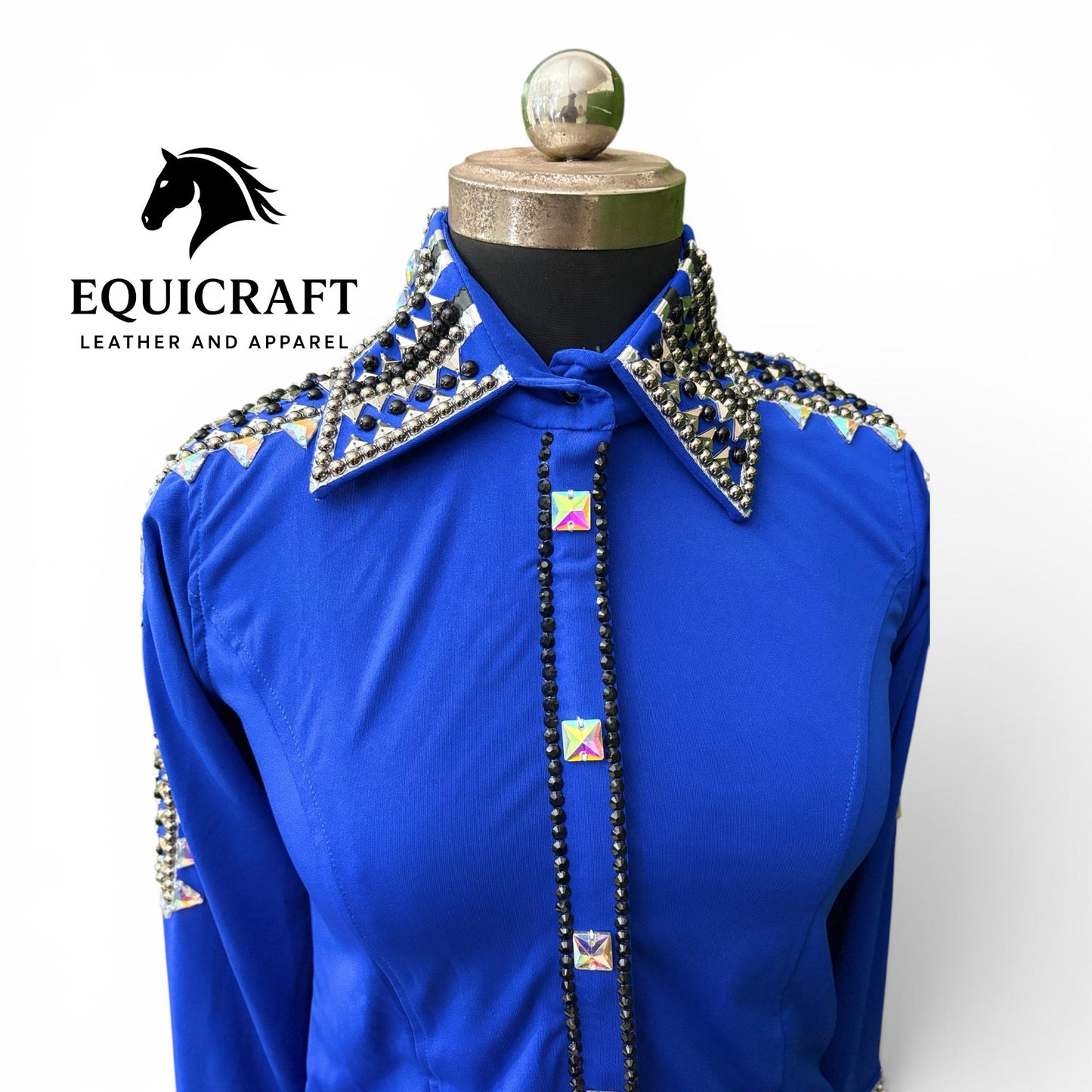 Royal Blue Western Show Shirt – AB Crystal Silver Stud Women's Rodeo Queen Top | Showmanship Horsemanship Equestrian