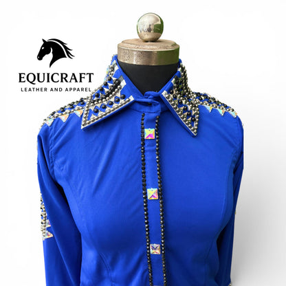 Royal Blue Western Show Shirt – AB Crystal Silver Stud Women's Rodeo Queen Top | Showmanship Horsemanship Equestrian