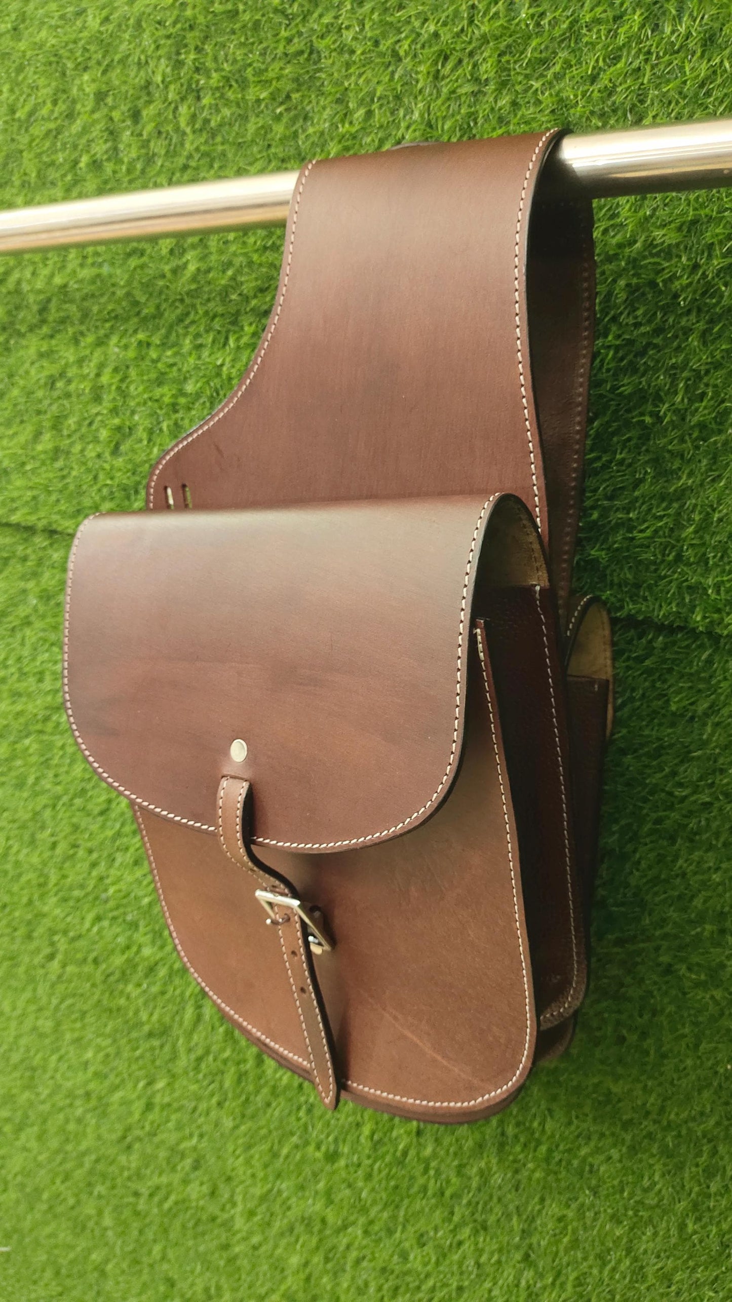 Brown Leather Western Saddle Bag – Plain Single Buckle Horse Trail Bag | Minimalist Cowboy Riding Tack