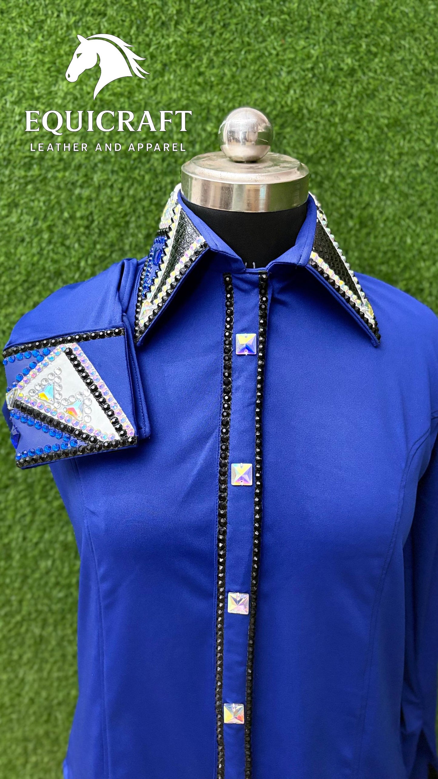 Womens Western Show Shirt | Royal Blue Black AB Crystal Rhinestone Showmanship Shirt | Ladies Rodeo Queen Blouse | Horse Show Shirt