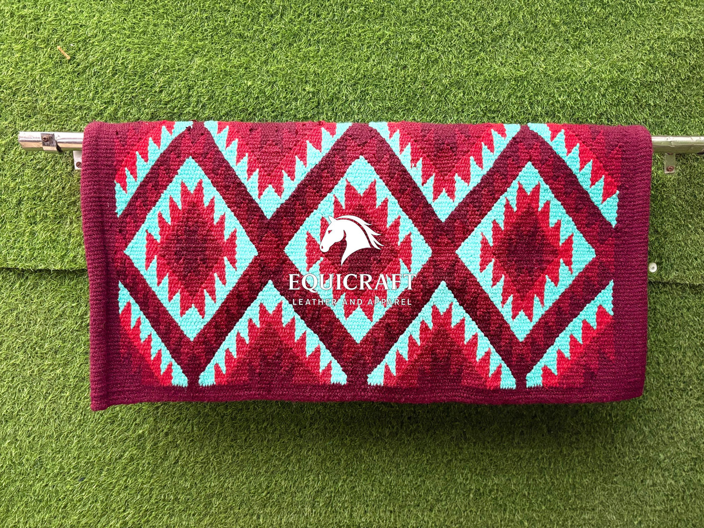 Aztec Western Saddle Blanket | Burgundy Turquoise Red Wool Pad | Hand-Woven Southwestern Horse Saddle Blanket | Show Pad