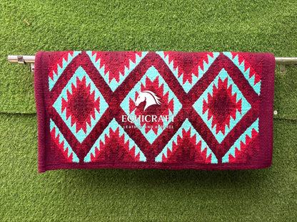 Aztec Western Saddle Blanket | Burgundy Turquoise Red Wool Pad | Hand-Woven Southwestern Horse Saddle Blanket | Show Pad