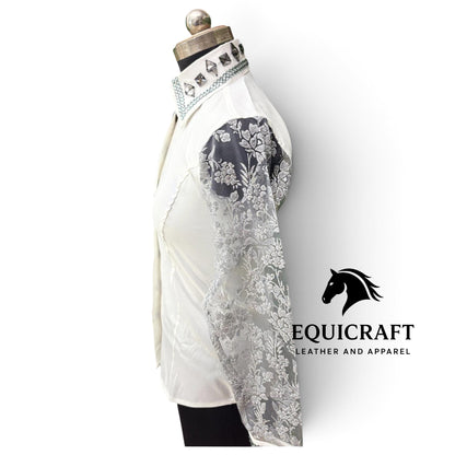 White Ivory Show Shirt, Lace Sleeve Rhinestone Bling, Smoke Crystal Horse Show Top, Western Showmanship Shirt