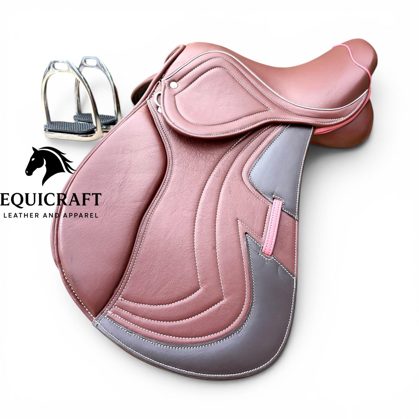 Brown Leather Close Contact Horse Saddle, English All Purpose Jumping Saddle with Iron Stirrups, 14 to 18 Inch Seat Sizes Available