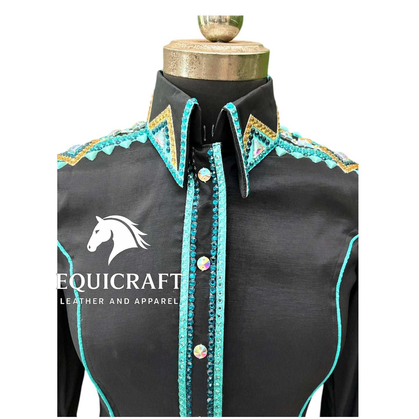 Womens Western Show Shirt | Black Turquoise Gold Rhinestone Showmanship Shirt | Ladies Crystal Yoke Rodeo Queen Blouse | Horse Show Shirt