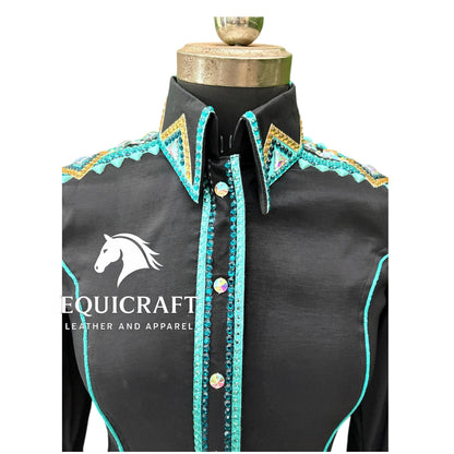 Womens Western Show Shirt | Black Turquoise Gold Rhinestone Showmanship Shirt | Ladies Crystal Yoke Rodeo Queen Blouse | Horse Show Shirt