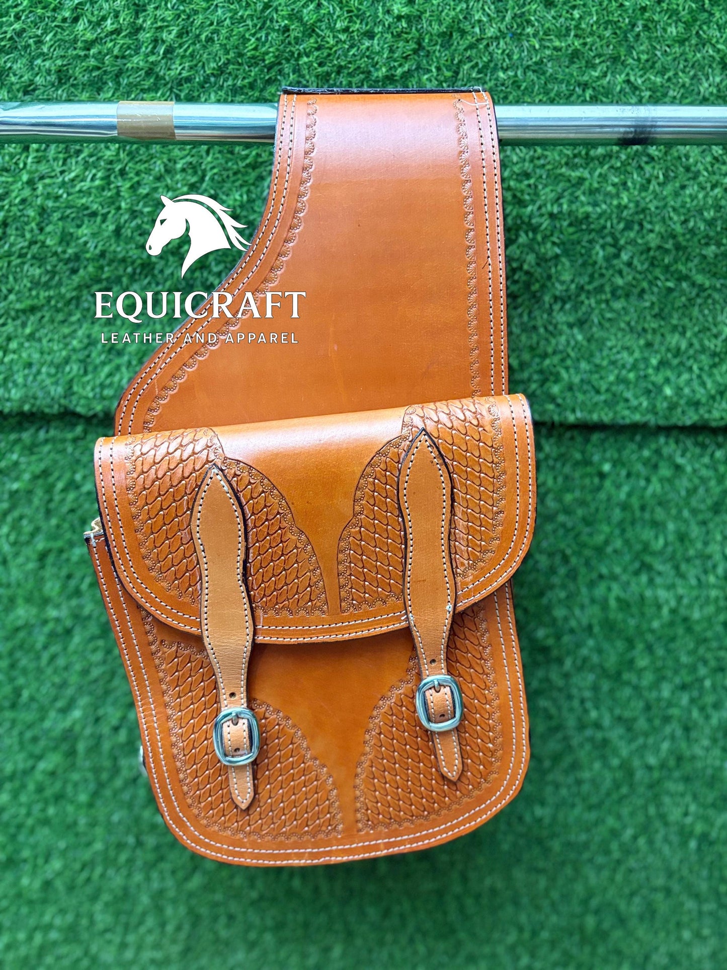 Tan Leather Western Saddle Bag – Basket Weave Tooled Double Buckle Horse Trail Bag | Cowboy Riding Tack