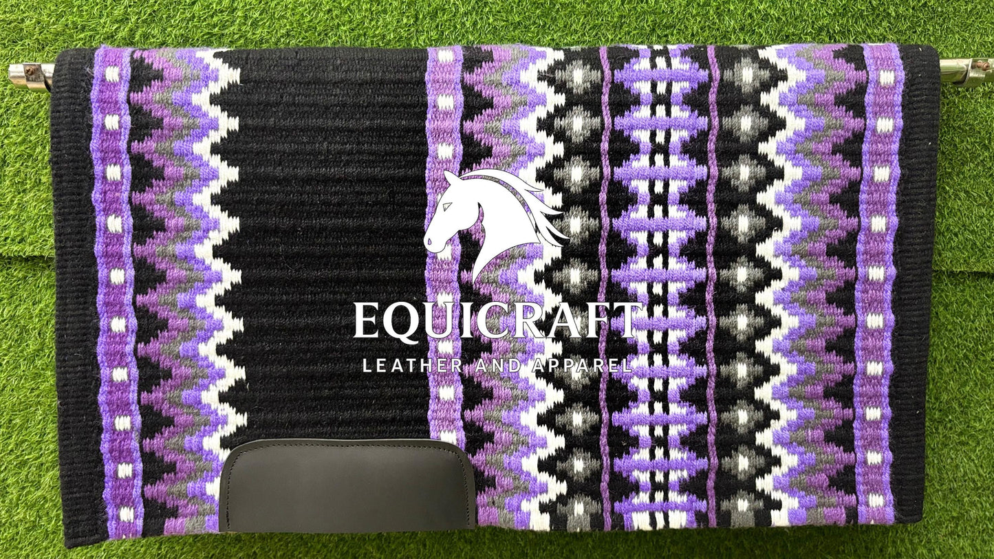 Aztec Western Show Saddle Pad | Black Purple Gray White Wool Blanket | Hand-Woven Southwestern Horse Saddle Pad | Trail Pad