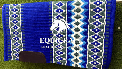 Western Show Saddle Pad | Royal Blue Teal Green White Wool Blanket | Hand-Woven Southwestern Horse Saddle Pad | Trail Pad