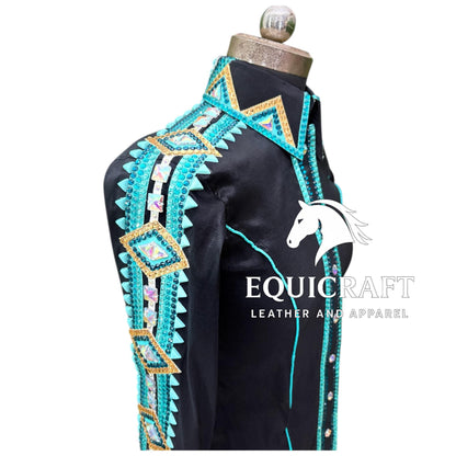Womens Western Show Shirt | Black Turquoise Gold Rhinestone Showmanship Shirt | Ladies Crystal Yoke Rodeo Queen Blouse | Horse Show Shirt