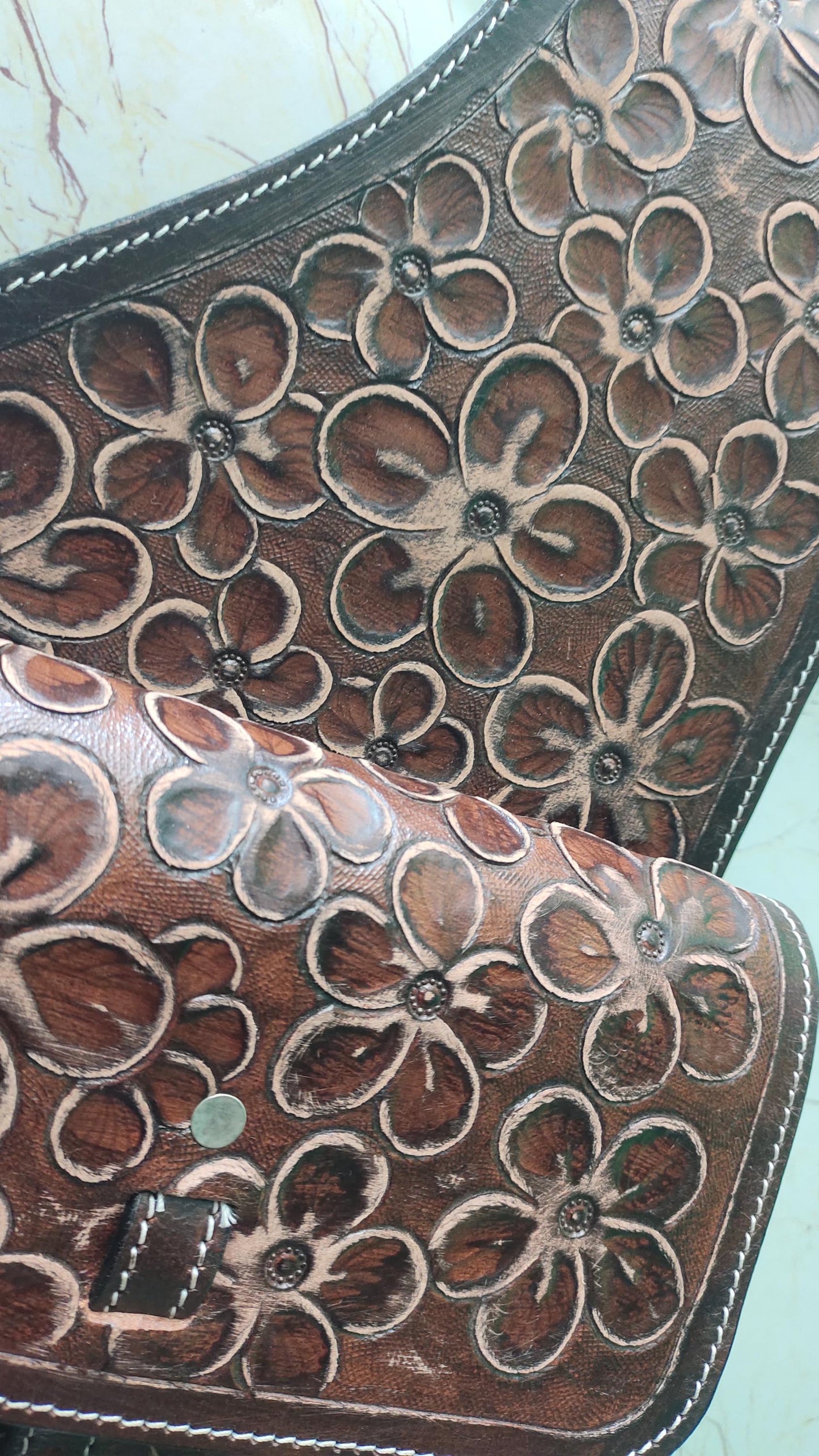 Dark Brown Floral Tooled Leather Western Saddle Bag – Full Flower Carved Horse Trail Bag | Antique Cowboy Tack