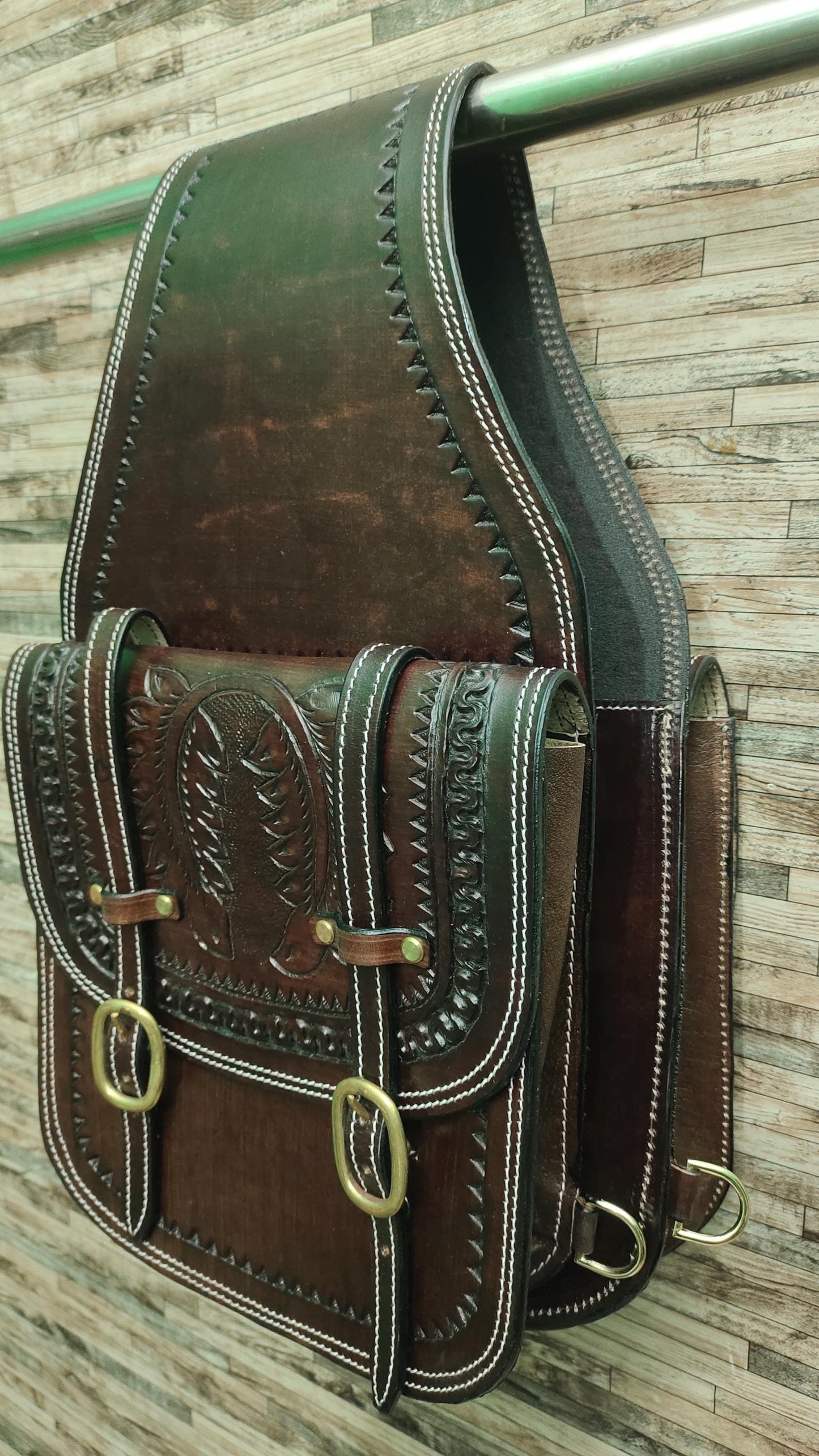 Dark Brown Tooled Leather Western Saddle Bag – Horseshoe Carved Zigzag Border Double Buckle Horse Trail Tack