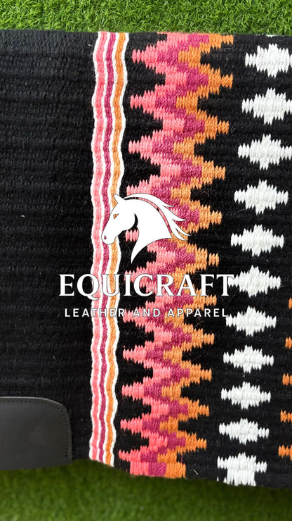 Western Show Saddle Pad | Black Pink Orange White Wool Blanket | Hand-Woven Southwestern Horse Saddle Pad | Barrel Racing Pad