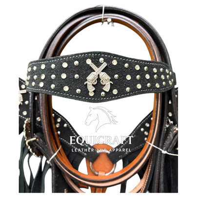 Black Fringe Studded Western Headstall & Breast Collar Set – Crossed Guns Concho Horse Tack | Barrel Racing Rodeo Gear