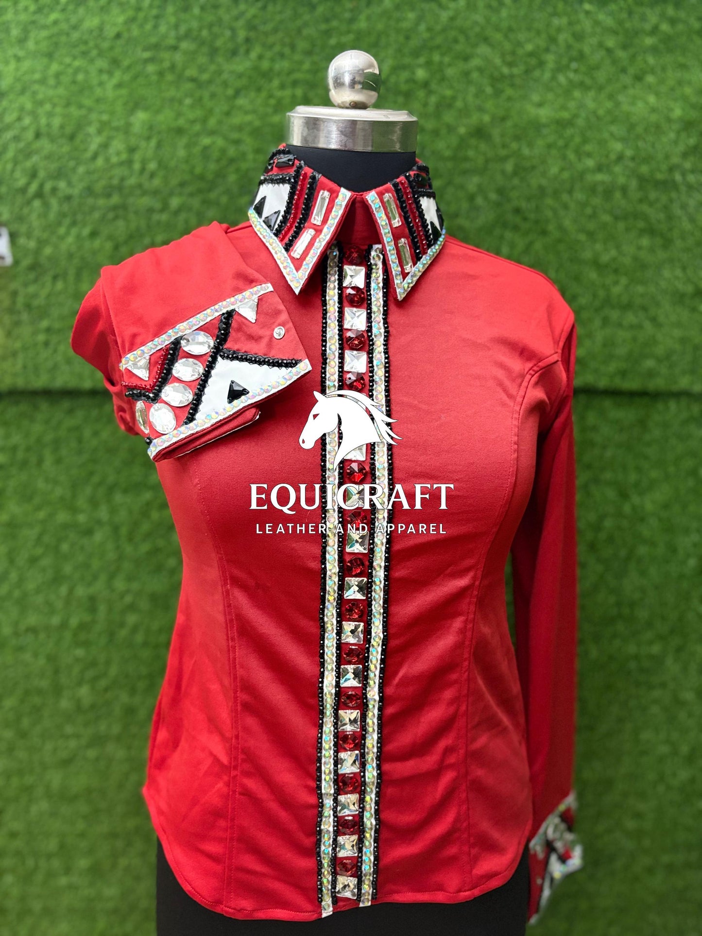 Womens Western Show Shirt | Red Crystal Rhinestone Embellished Showmanship Shirt | Ladies Rodeo Queen Blouse | Horse Show Shirt