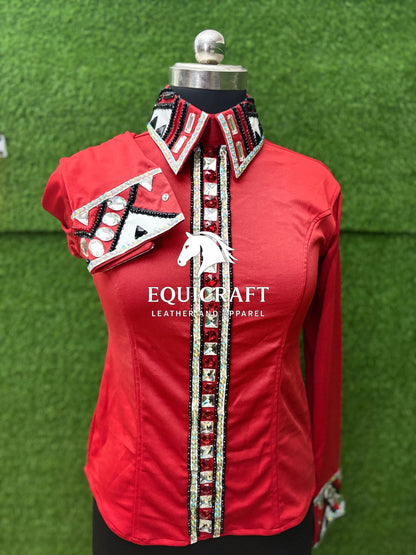Womens Western Show Shirt | Red Crystal Rhinestone Embellished Showmanship Shirt | Ladies Rodeo Queen Blouse | Horse Show Shirt