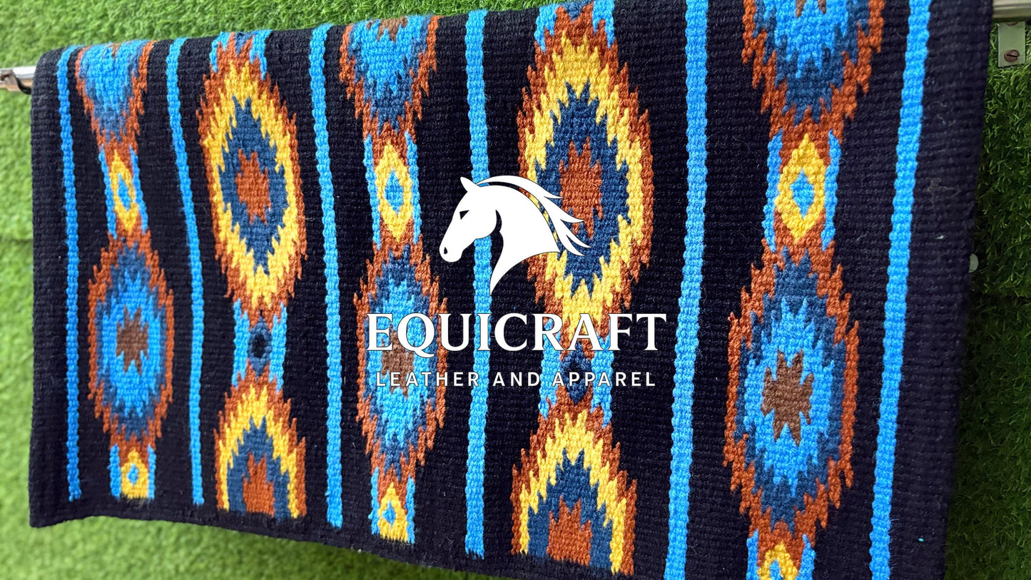 Western Saddle Pad | Black Blue Yellow Aztec Wool Horse Blanket | Show Saddle Pad | Trail Riding Pad | Reining Pad | Quarter Horse Pad