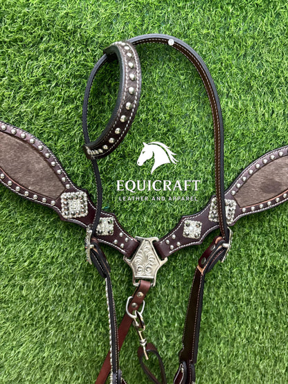 Hairon Western Leather One Ear Headstall & Breast Collar Set – Horse Tack | Cowboy Riding Gear | Rodeo Trail Barrel Racing
