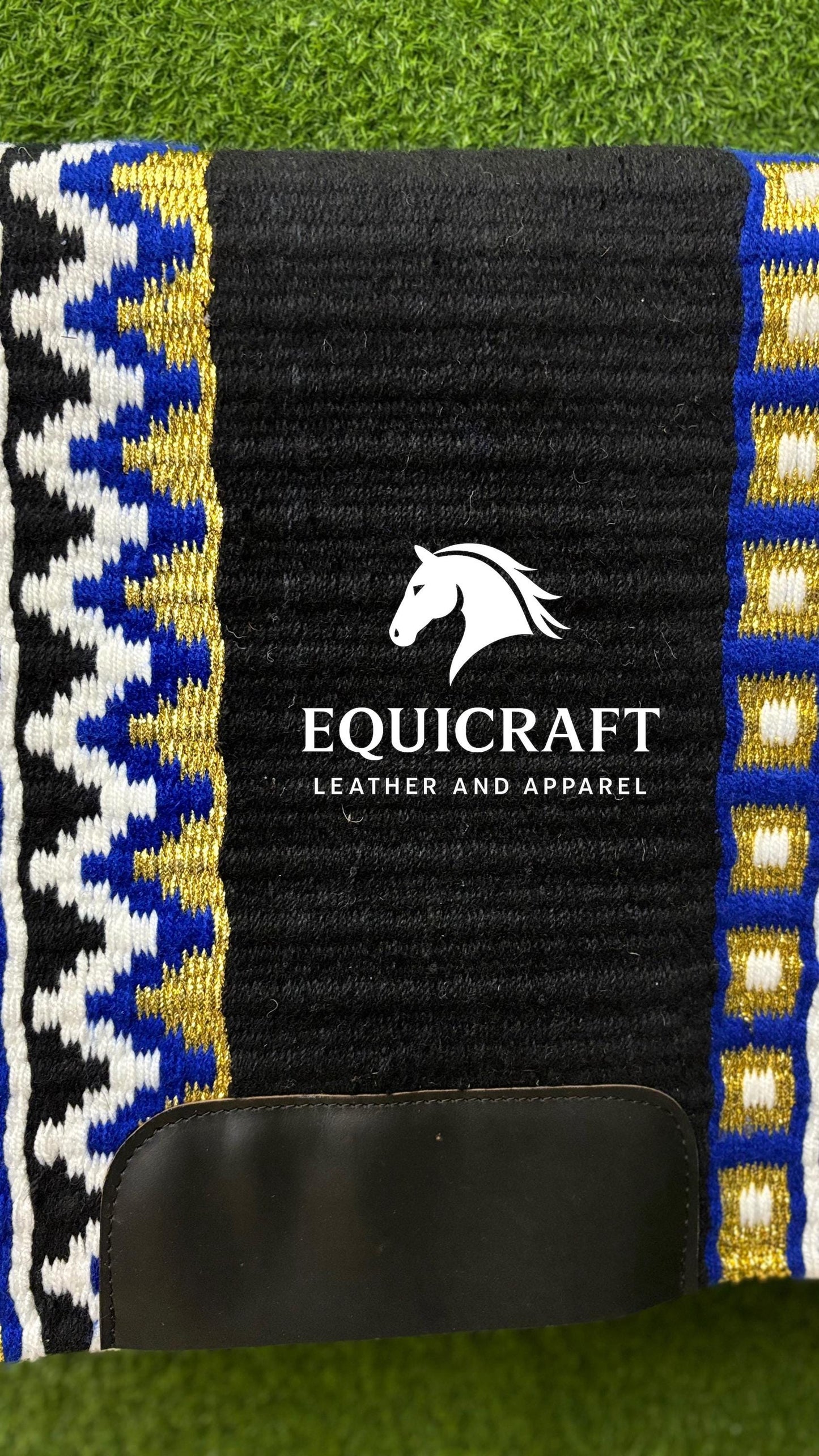 Aztec Western Show Saddle Pad | Black Blue Gold Metallic Wool Blanket | Hand-Woven Southwestern Horse Saddle Pad | Show Ring Pad
