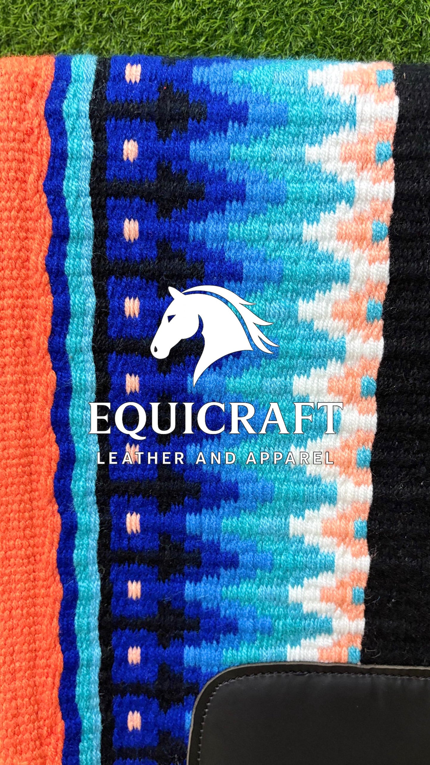 Western Show Saddle Pad | Blue Turquoise Coral Orange Wool Blanket | Hand-Woven Southwestern Horse Saddle Pad | Show Trail Pad