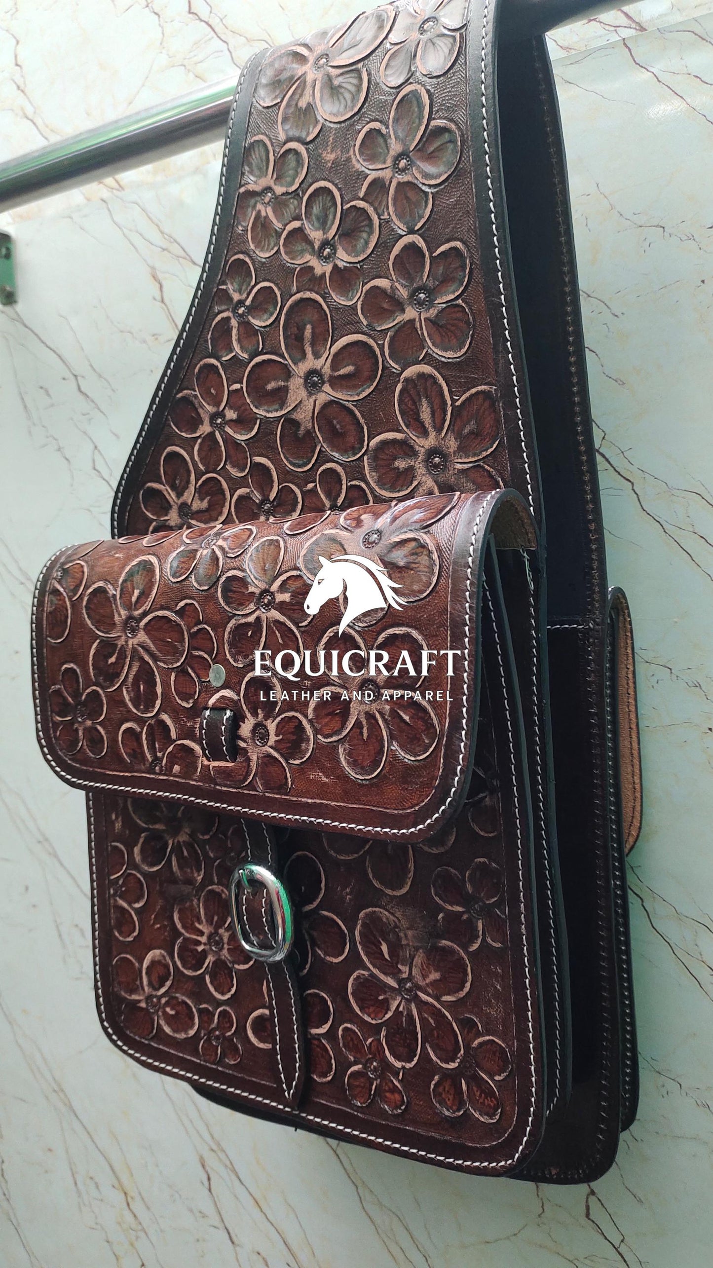Dark Brown Floral Tooled Leather Western Saddle Bag – Full Flower Carved Horse Trail Bag | Antique Cowboy Tack