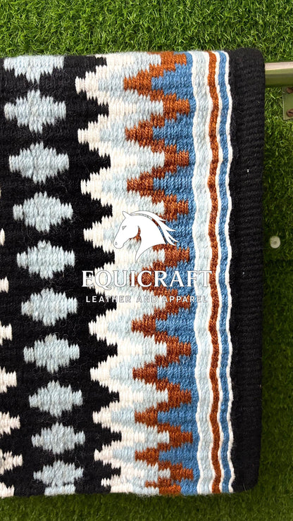 Aztec Western Show Saddle Pad | Black Blue Rust Brown Wool Blanket | Hand-Woven Southwestern Horse Saddle Pad | Ranch Trail Pad
