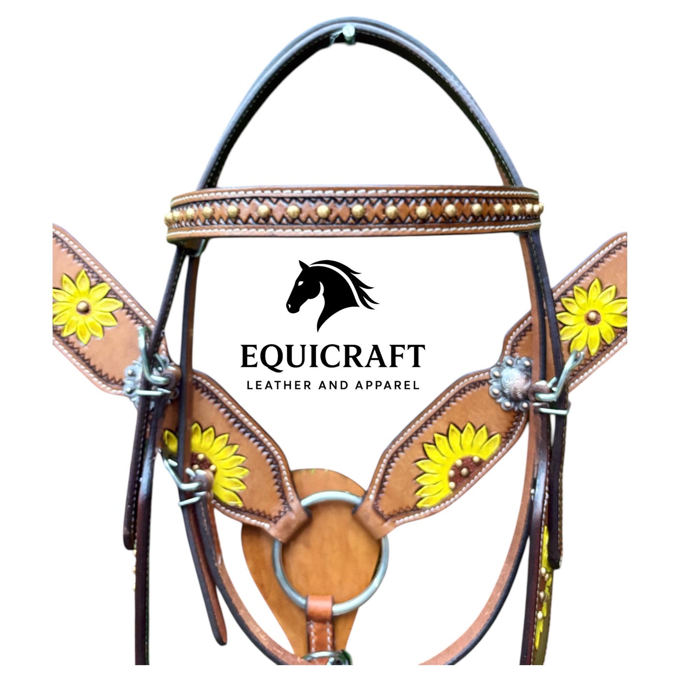 Sunflower Painted Leather Western Headstall & Breast Collar Set – Silver Concho Horse Tack | Barrel Racing Rodeo Gear
