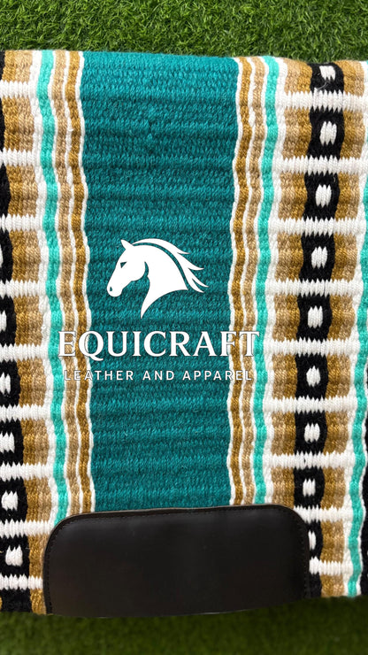 Western Show Saddle Pad | Teal Gold Black White Wool Blanket | Hand-Woven Southwestern Horse Saddle Pad | Show Trail Pad Equestrian Gift