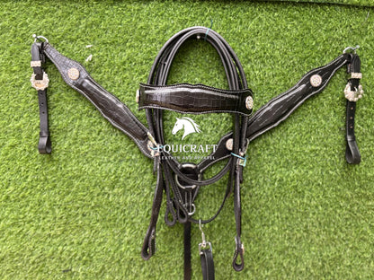 Black Crocodile Print Leather Western Headstall & Breast Collar Set – Crystal Concho Horse Tack | Barrel Racing Rodeo