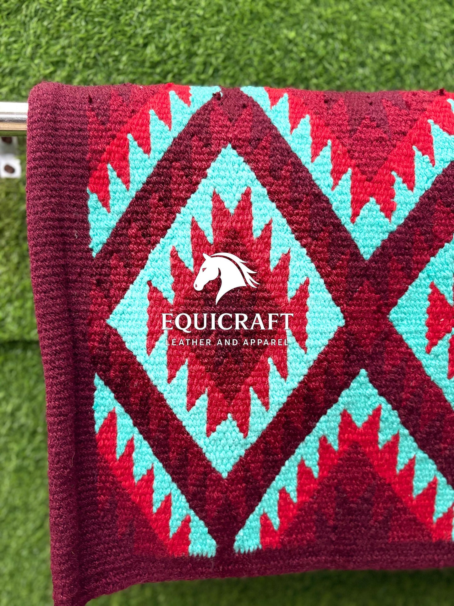 Aztec Western Saddle Blanket | Burgundy Turquoise Red Wool Pad | Hand-Woven Southwestern Horse Saddle Blanket | Show Pad