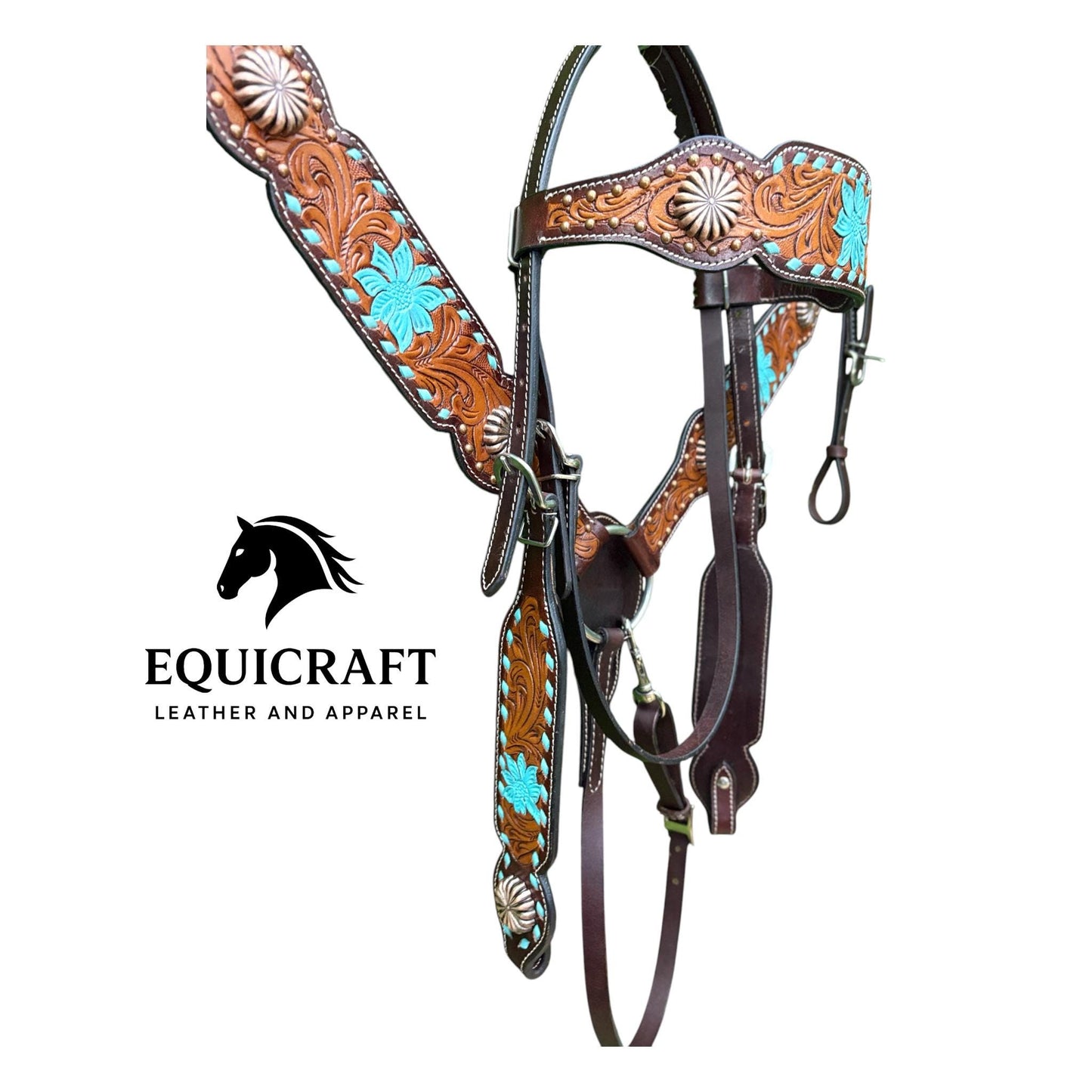 Turquoise Flower Tooled Leather Headstall & Breast Collar Set – Silver Concho Western Horse Tack | Barrel Racing Rodeo